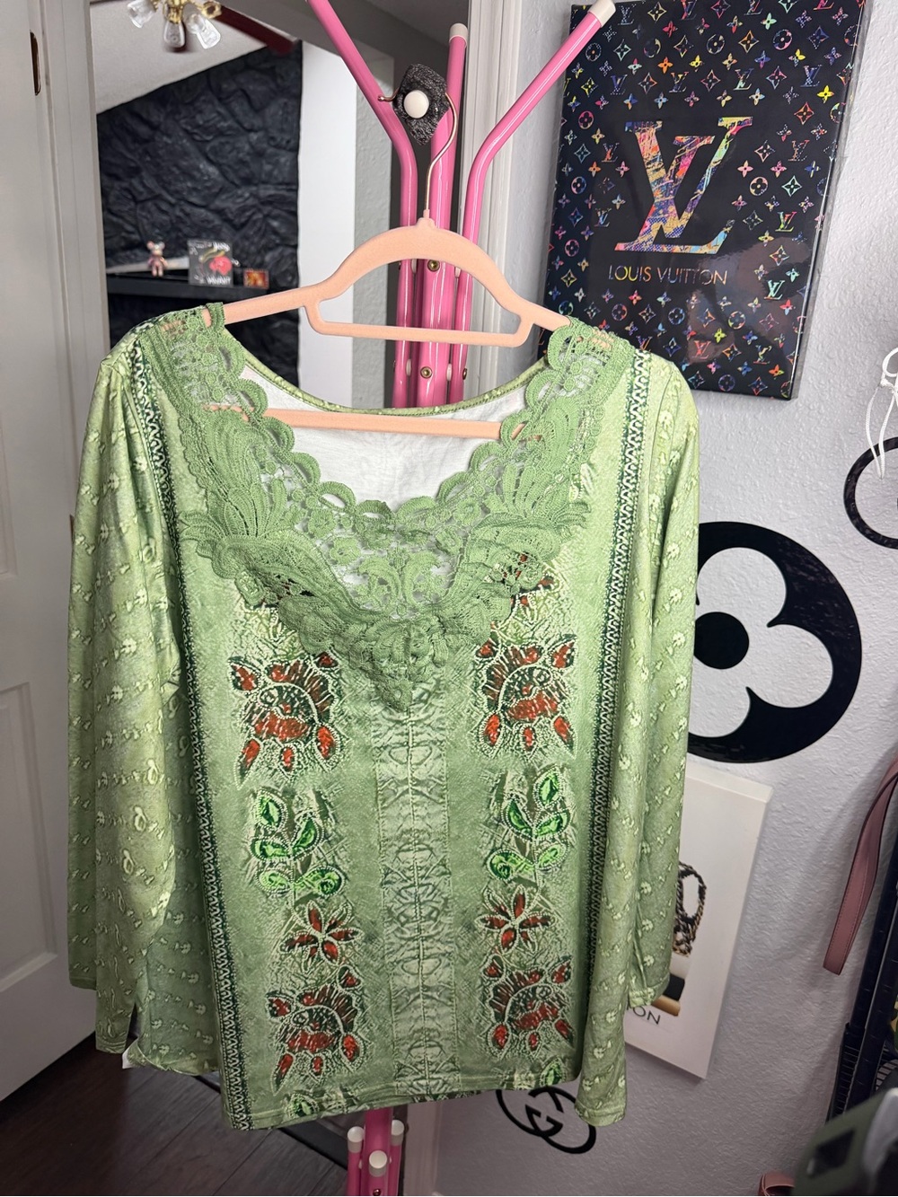 Green Embroidered Lace Neck Blouse